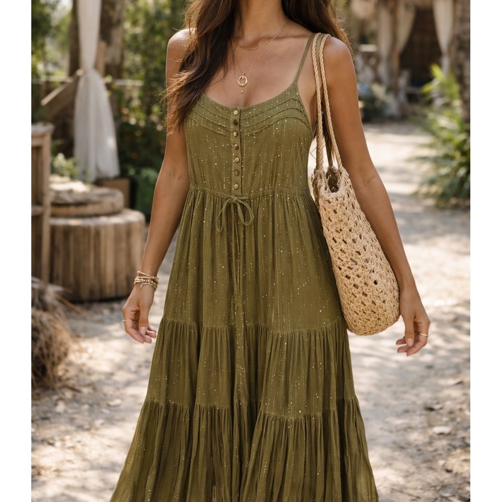 Boho Olive Green Tiered Maxi Sundress Metallic Fleck SZ S Earthy Forest Indie